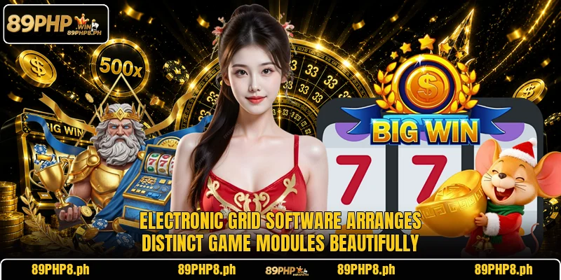 Electronic grid software arranges distinct game modules beautifully