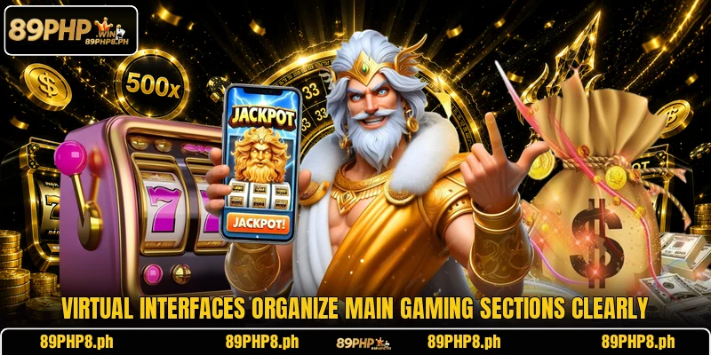 Virtual interfaces organize main gaming sections clearly